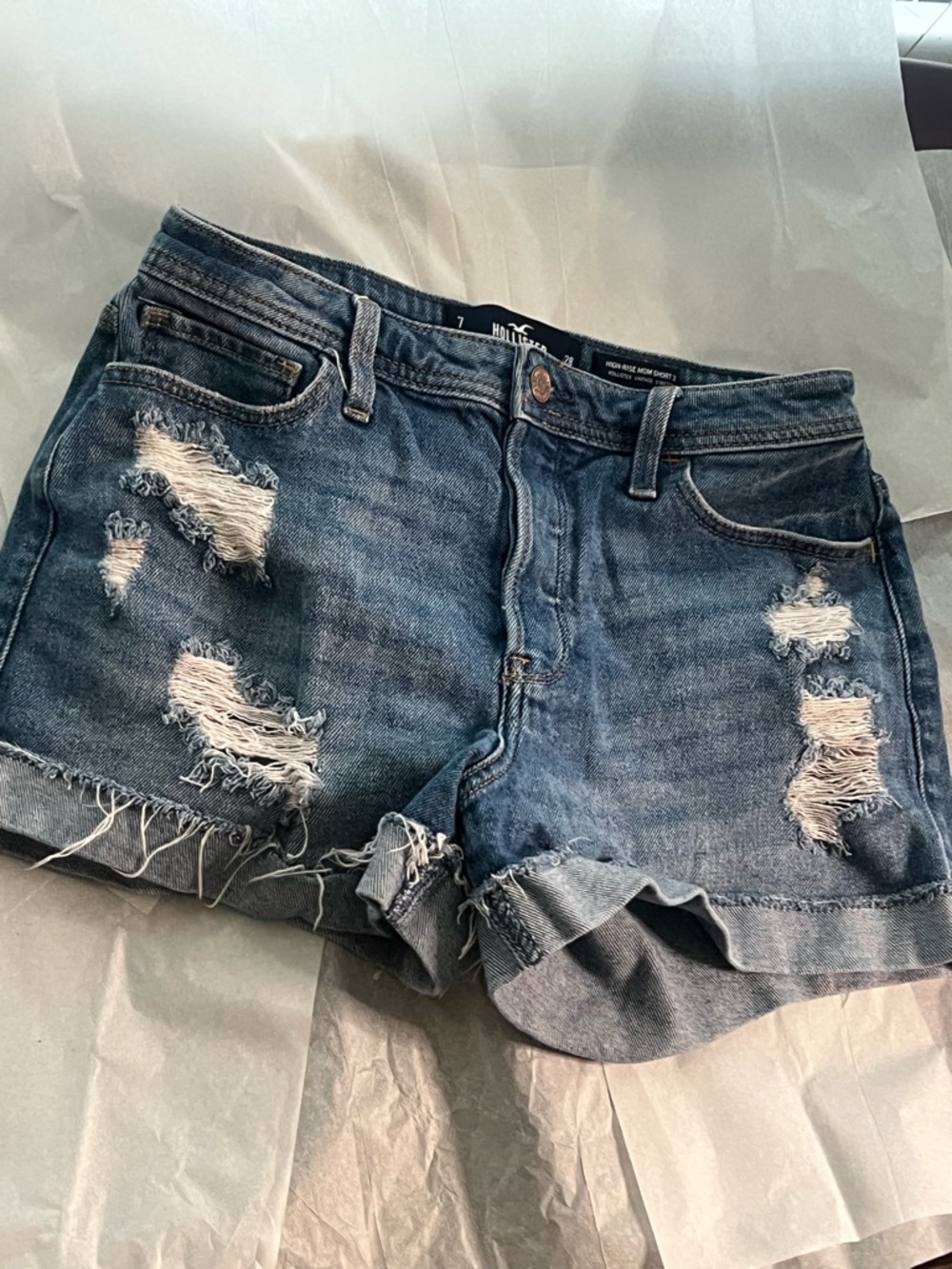 Hollister California Distressed High Rise Mon Rolled Hem Denim Shorts - Blue